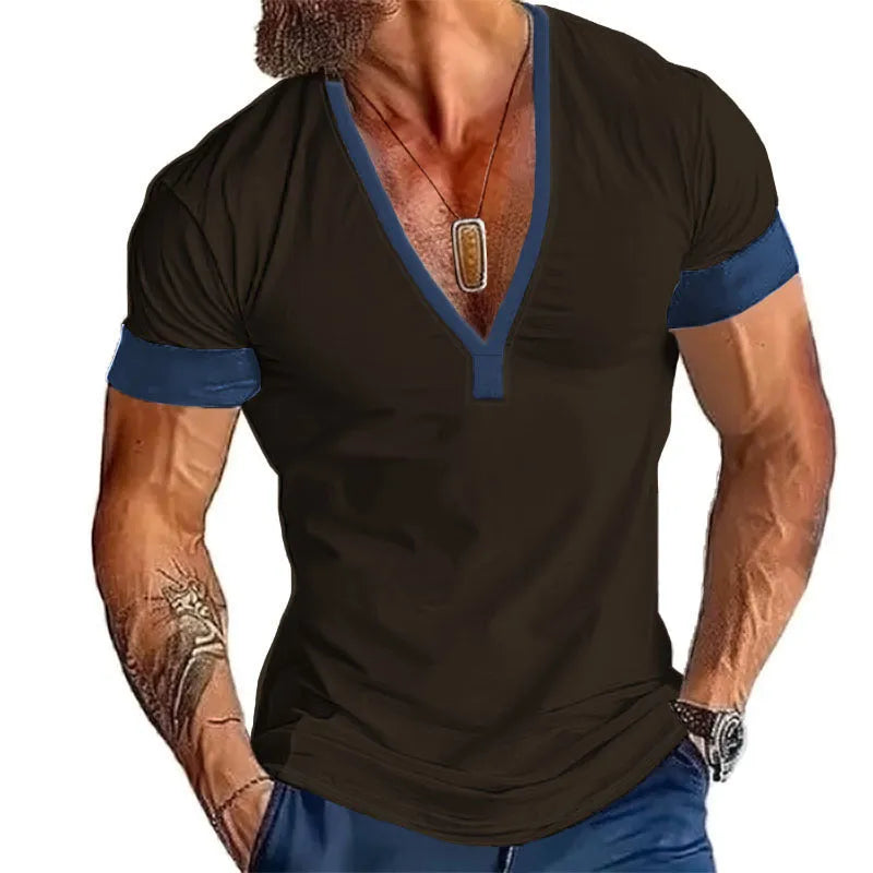 Men's short sleeve V-neck striped T-shirt top in loose polyester, available in four colours and sizes S to XXXL