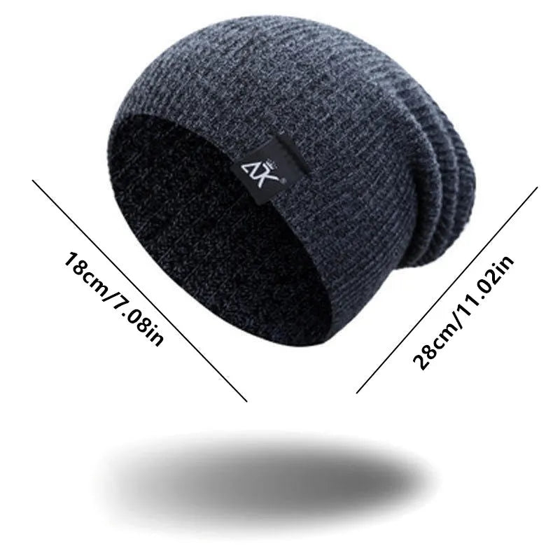 Unisex knitted acrylic beanie in army green on a white background, stretchy 55–60cm fit for outdoor winter use