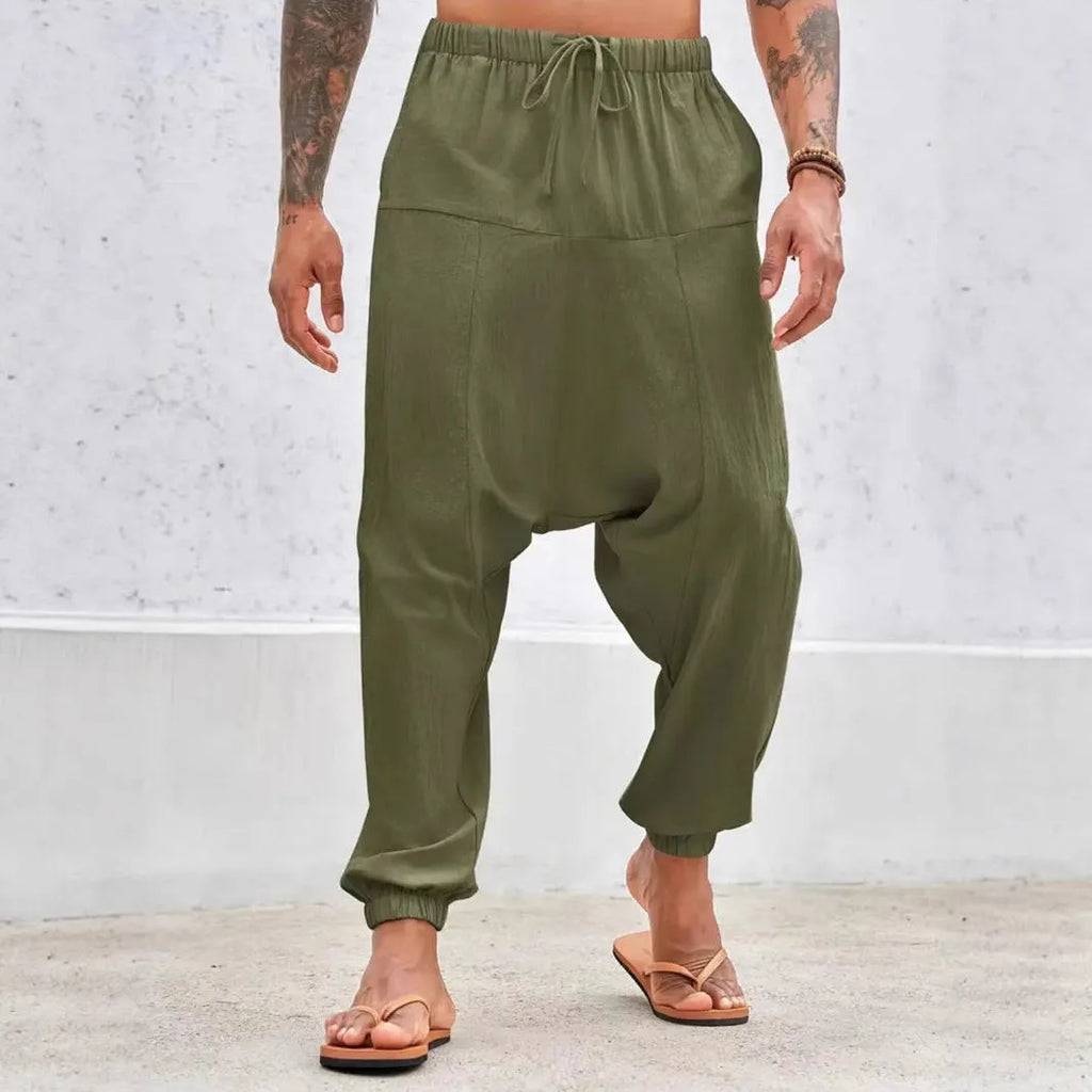 Summer breathable cotton cuffed pants with drawstring waist in khaki colour on model