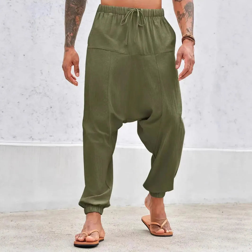 Summer breathable cotton cuffed pants with drawstring waist in khaki colour on model
