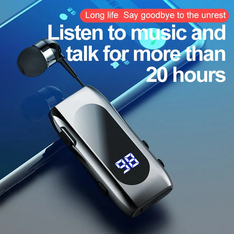 K55 Bluetooth headset wireless collar clip in black with single in-ear earpiece and clip