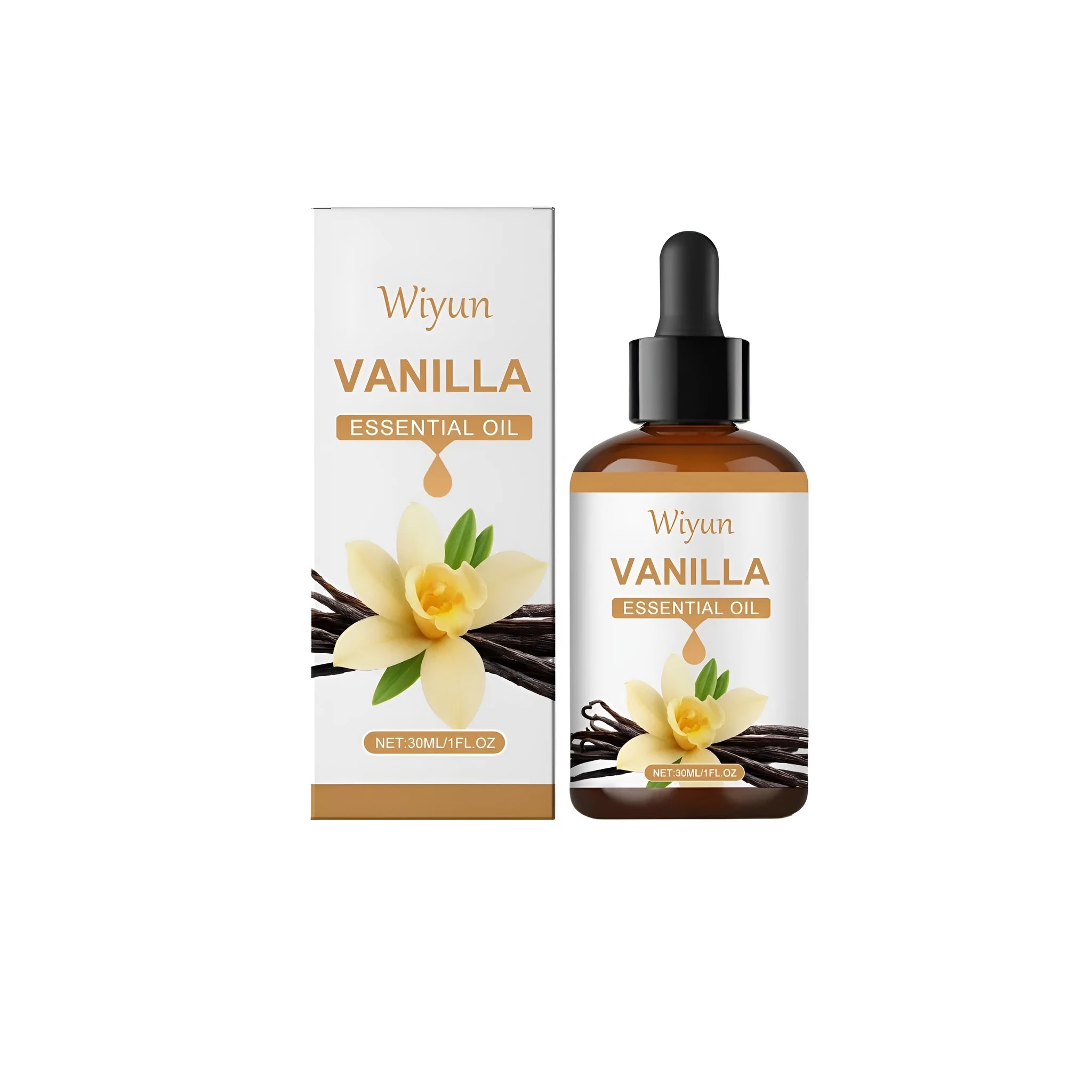 30ml glass bottle of vanilla flavored oil with natural vanilla extract