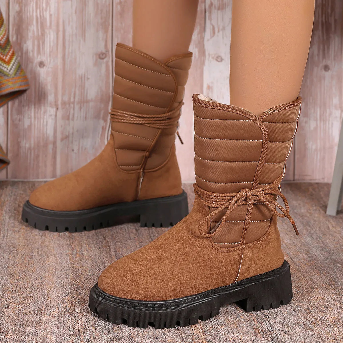 Black women's high-top suede snow boots with chunky rubber sole and lace-up design
