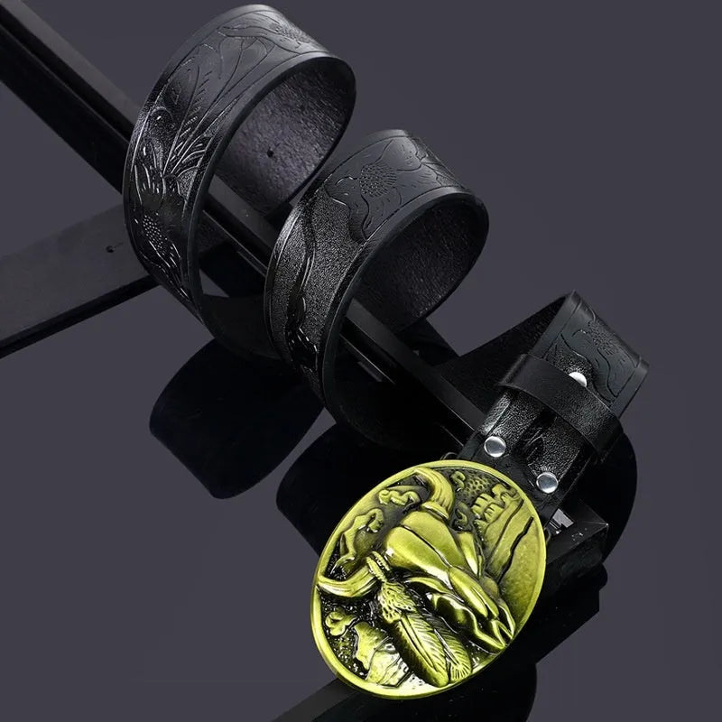 Men's cow head buckle belt with alloy fastening in black colour option