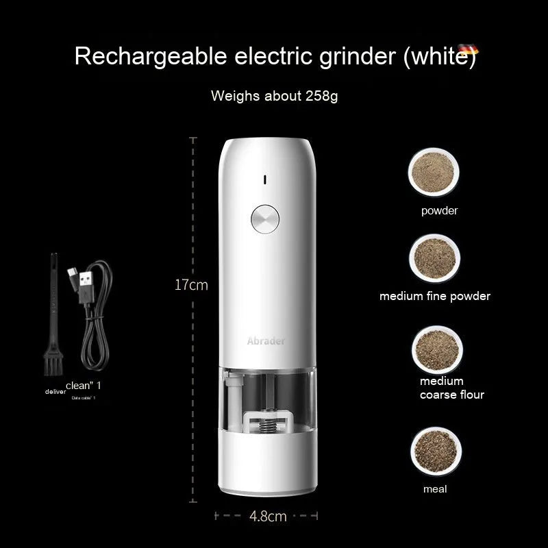 Rechargeable electric pepper and salt grinder set with clear acrylic body and LED light.