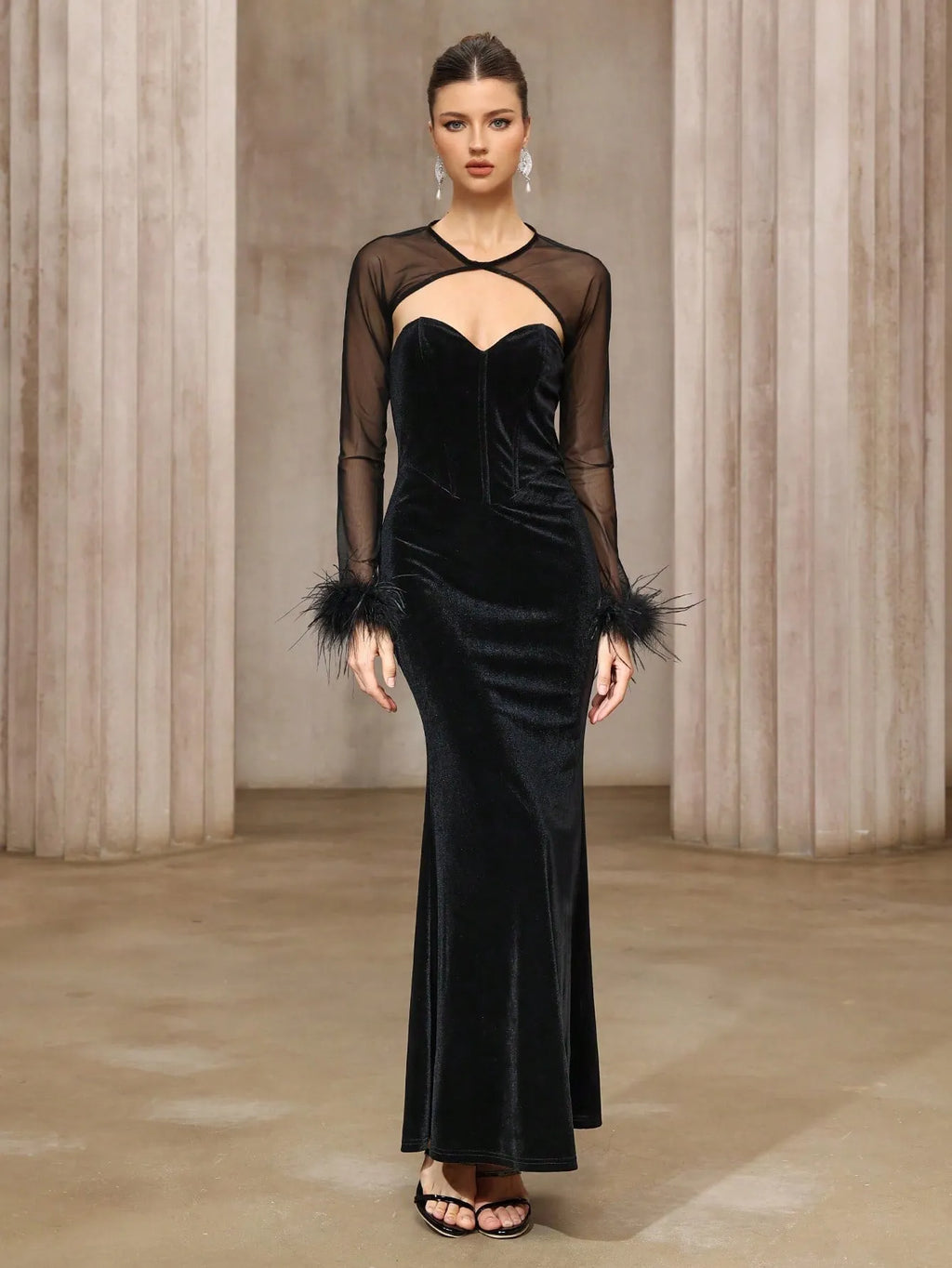 Black velvet tube dress and semi-transparent mesh top two-piece set with mid waist, mid-length skirt and lace detail