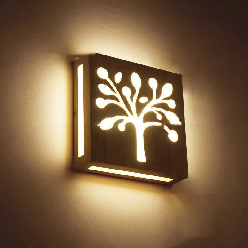 Creative solid wood happiness tree pattern wall lamp modern minimalist Japanese LED wall light for living room