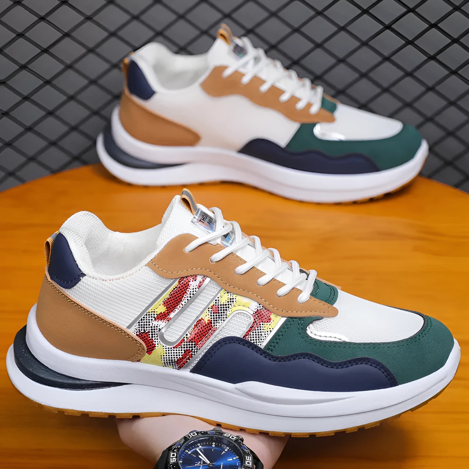 Men's white-green and black mesh casual sports shoes with shallow cut and leather toe holder