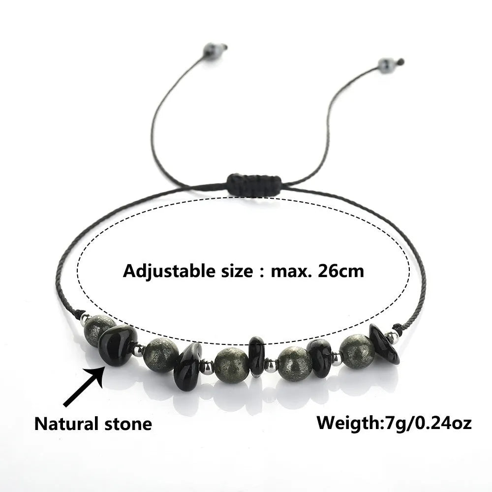 Black stone beaded bracelet with geometric garnet gravel beads and moon design element