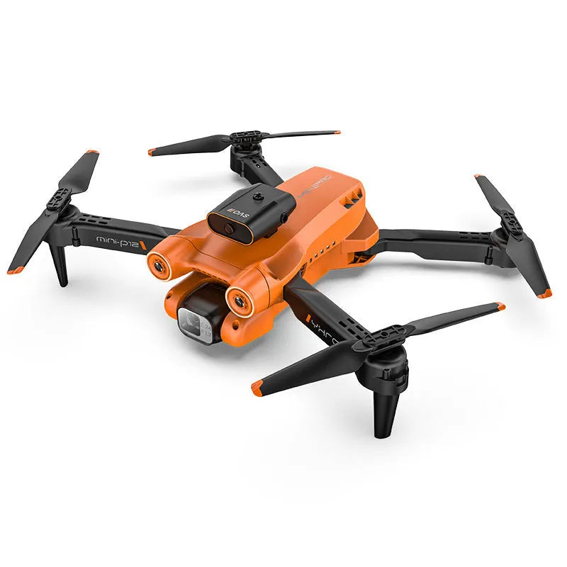 Black and orange foldable remote control quadcopter drone with four propellers and a mounted camera.