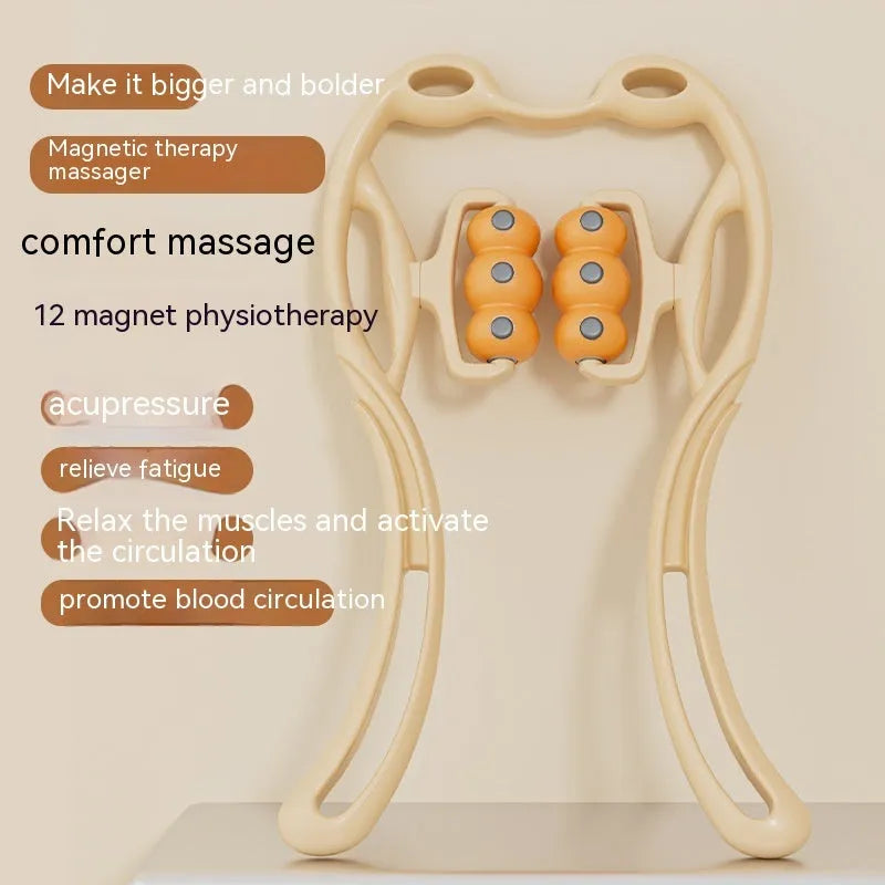 Magnetic therapy neck massager manual clip with twelve magnets in plastic, shown in blue, orange, pink or purple