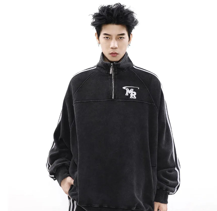 Black retro American style stand collar hoodie with long sleeves and polyester fabric construction