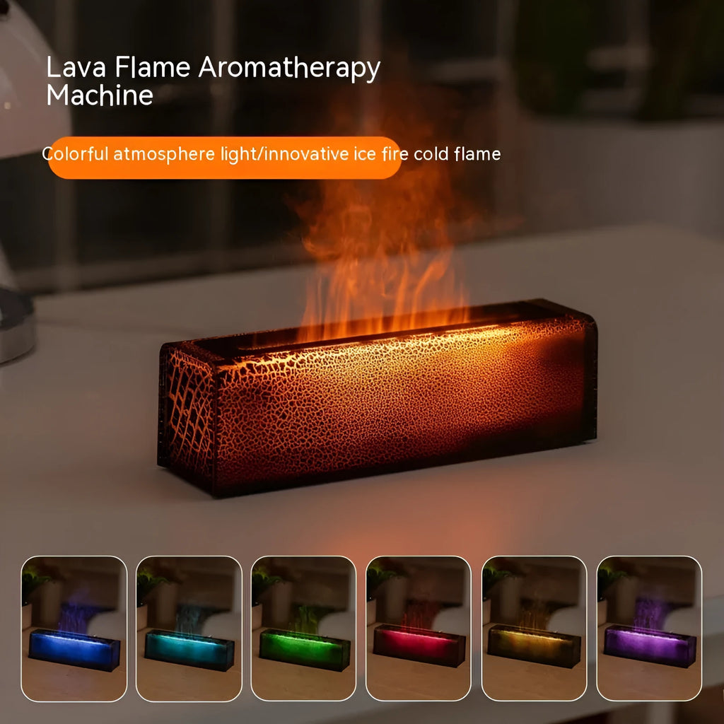 Square black and white USB-powered lava flame aroma diffuser and humidifier on a desktop