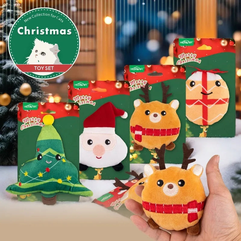 Christmas cat plush toy with catnip in festive designs including elk, tree, Santa and egg