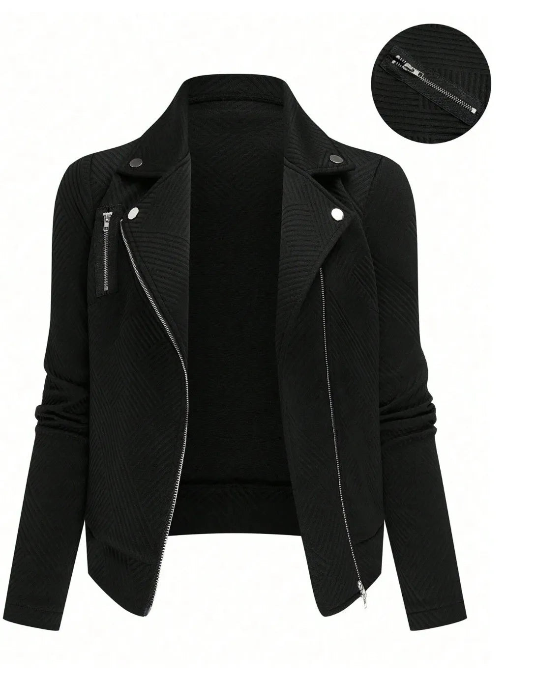 Women's oblique zipper fastener decoration slim casual jacket in black with long sleeves and loose fit
