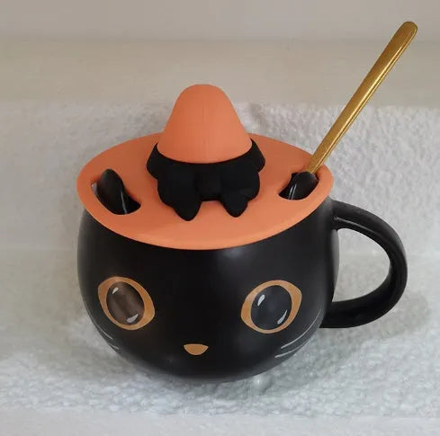 Black ceramic cat-shaped mug with pumpkin-covered spoon lid, 355ml capacity couple gift set