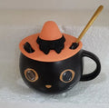 Black ceramic cat-shaped mug with pumpkin-covered spoon lid, 355ml capacity couple gift set