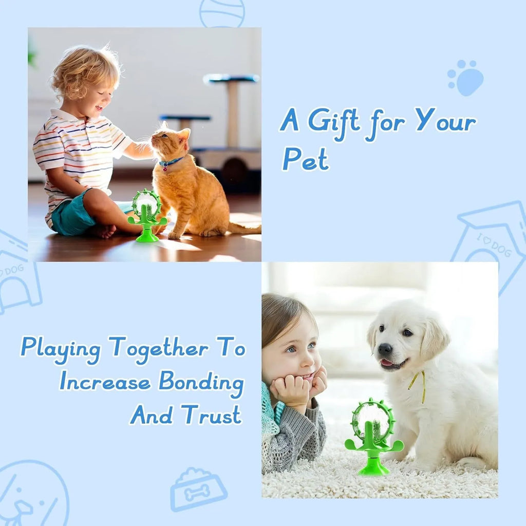 Interactive pet slow feeder toy with spinner design in blue, green, red or yellow colours