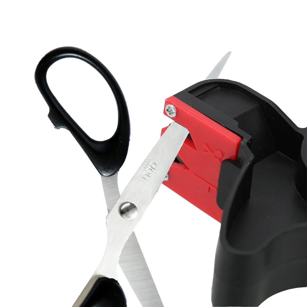 Black handheld knife and scissor sharpener with ergonomic grip on white background