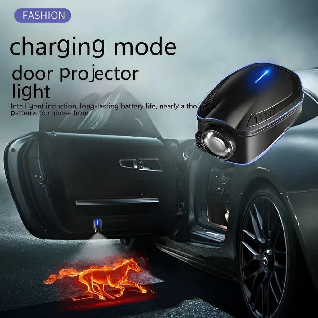 F2 black USB rechargeable wireless car welcome light unit showing front illumination