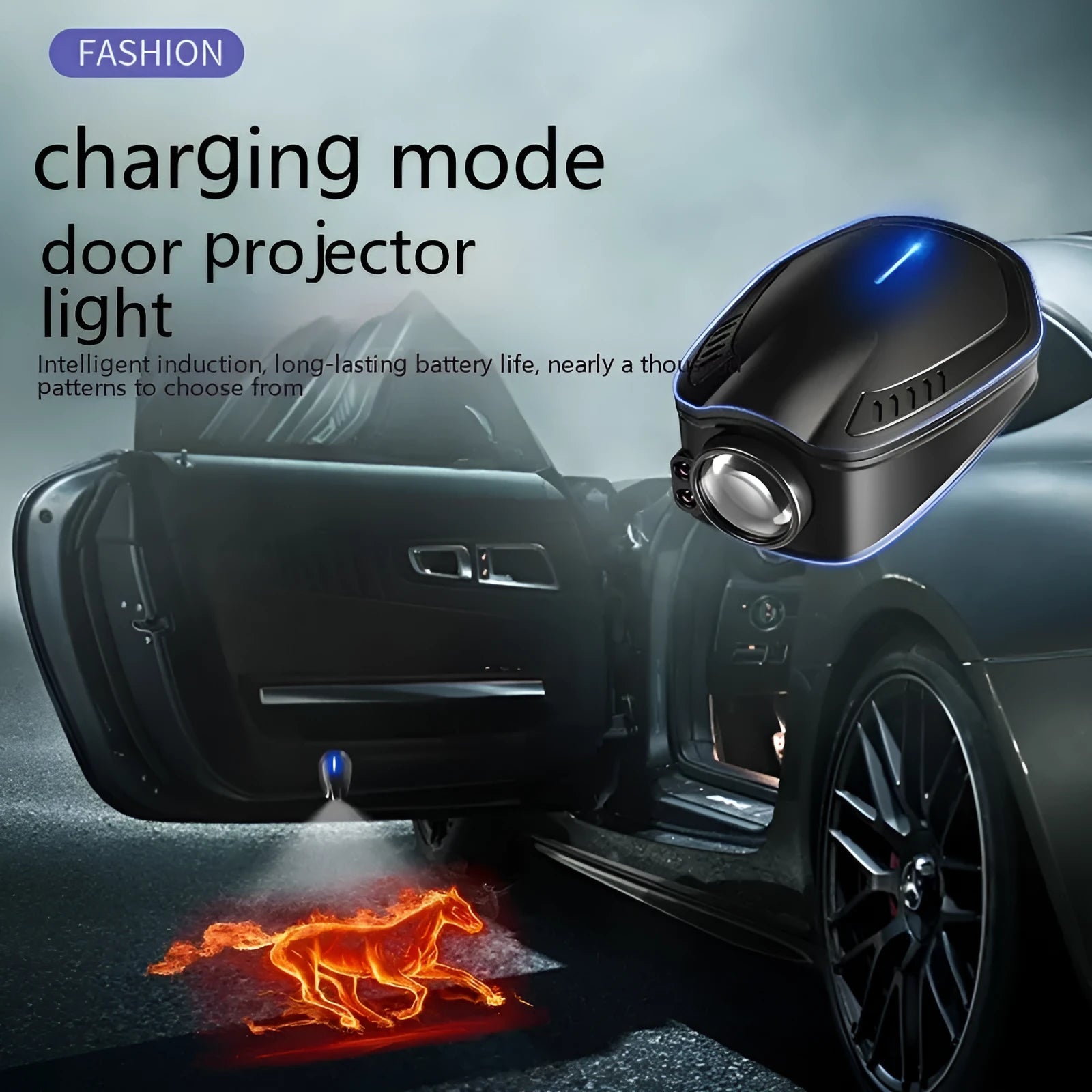 F2 black USB rechargeable wireless car welcome light unit showing front illumination
