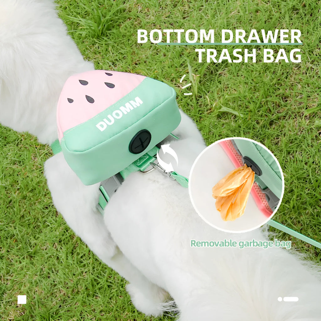 Green pet backpack and chest strap set with traction rope for dogs or cats