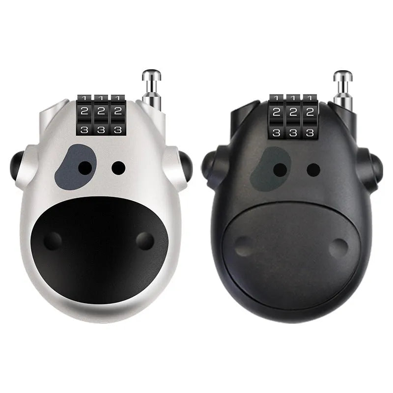Retractable helmet lock with steel cable in black cow design for motorcycle and bicycle security