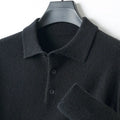 Men's grey woolen polo collar pullover sweater with textured collage stitching on the chest.
