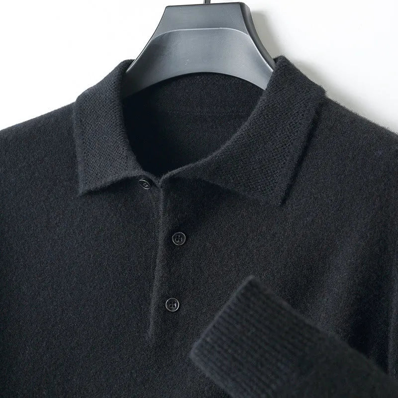 Men's grey woolen polo collar pullover sweater with textured collage stitching on the chest.