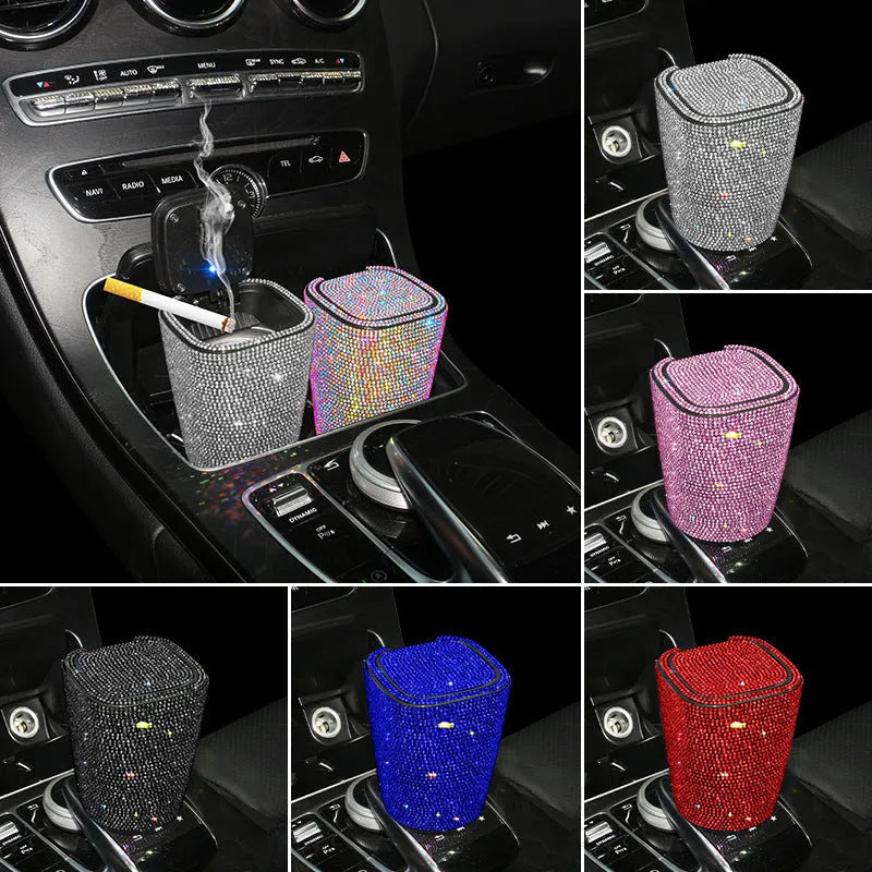 Diamond-embedded car ashtray with lid, air outlet hanging clip, cast plastic, white diamond variant