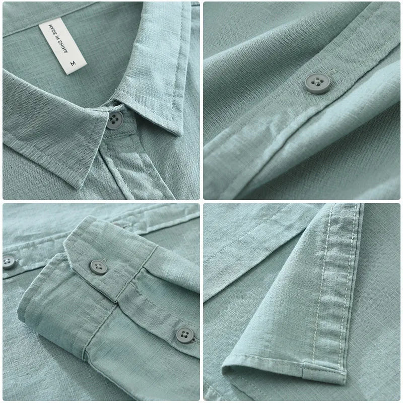 Men's Japanese cotton linen style long sleeve loose cardigan shirt in raw jute colour with button front