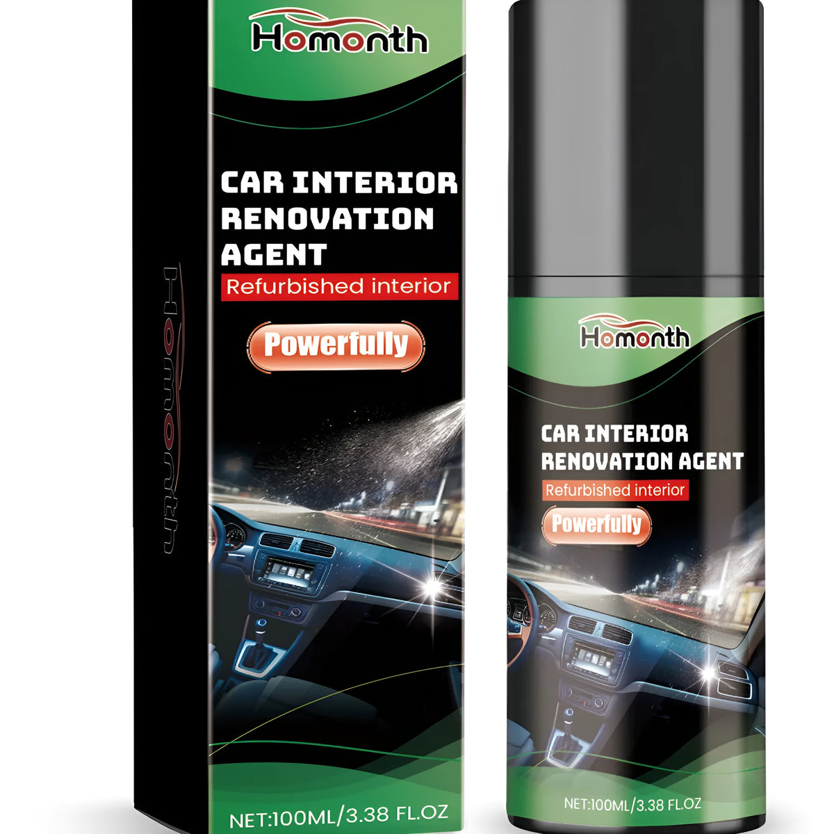 100ml automotive interior refurbishment agent in compact PET bottle measuring 3.8x3.8x14.8cm