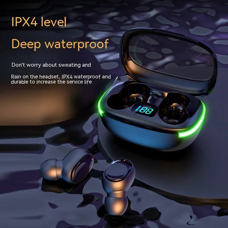 Black Y80 wireless Bluetooth earphones with digital power display showing battery level