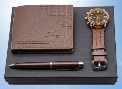 Creative holiday gift set featuring a wallet, pen, and watch in a gift box, available in black or brown.