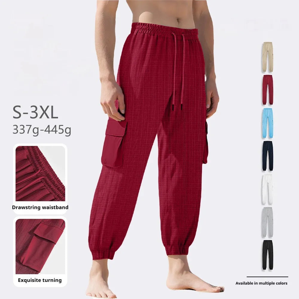 Men's drawstring multi-pocket casual pants in polyester with striped design, mid-waist, available in multiple colours and sizes S-XXXL.