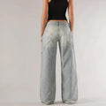 Blue cotton loose wide leg mop trousers with low waist and stitching detail