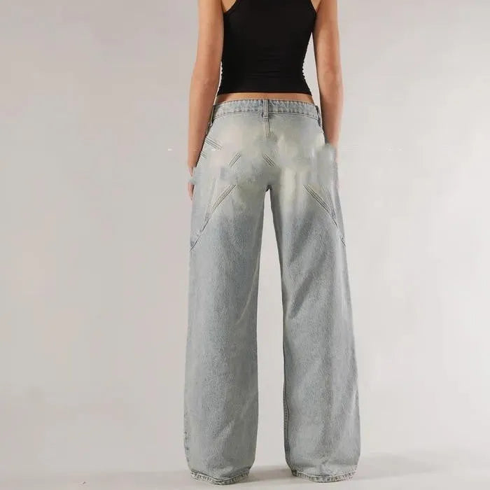 Blue cotton loose wide leg mop trousers with low waist and stitching detail
