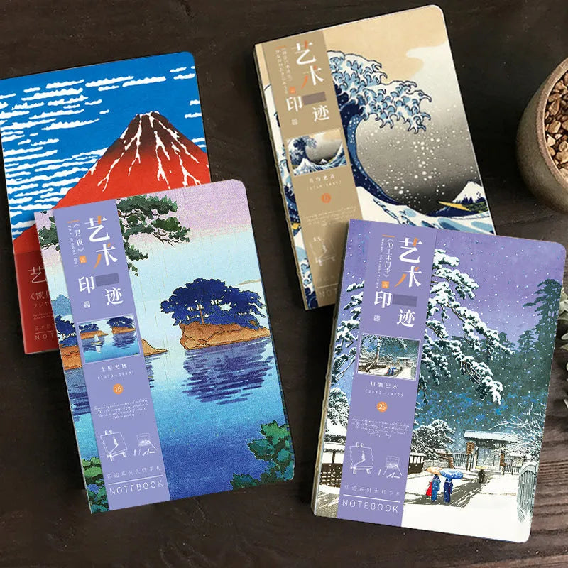 Ukiyo-e series hand ledger notebook open showing retro Japanese wave print cover and lined Daolin paper pages.