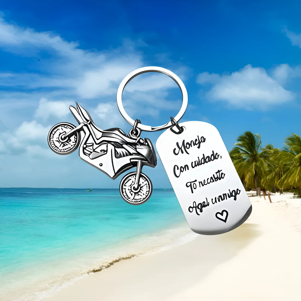Stainless steel motorcycle keychain with inspirational design and protective flannel drawstring bag