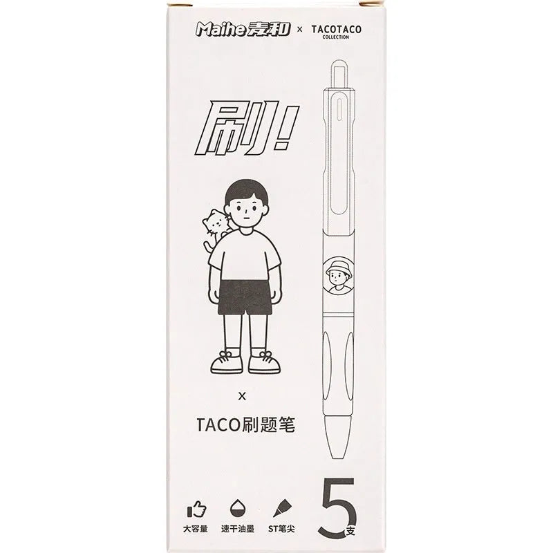 Five white plastic ballpoint pens with 0.5mm black ink tips arranged together
