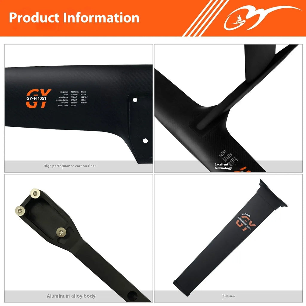 Black carbon fibre hydrofoil surfboard with aluminium alloy construction and 1051mm front wing