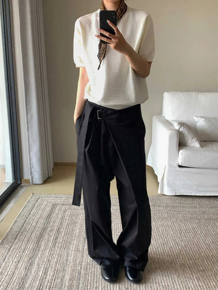 Black straight-leg trousers with adjustable waist and single pleat detailing