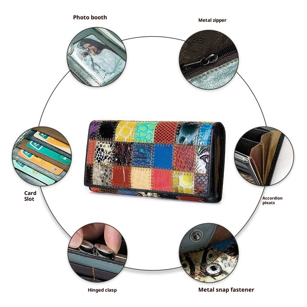 Women's first-layer cowhide geometric pattern splicing wallet in 4131 diamond colour