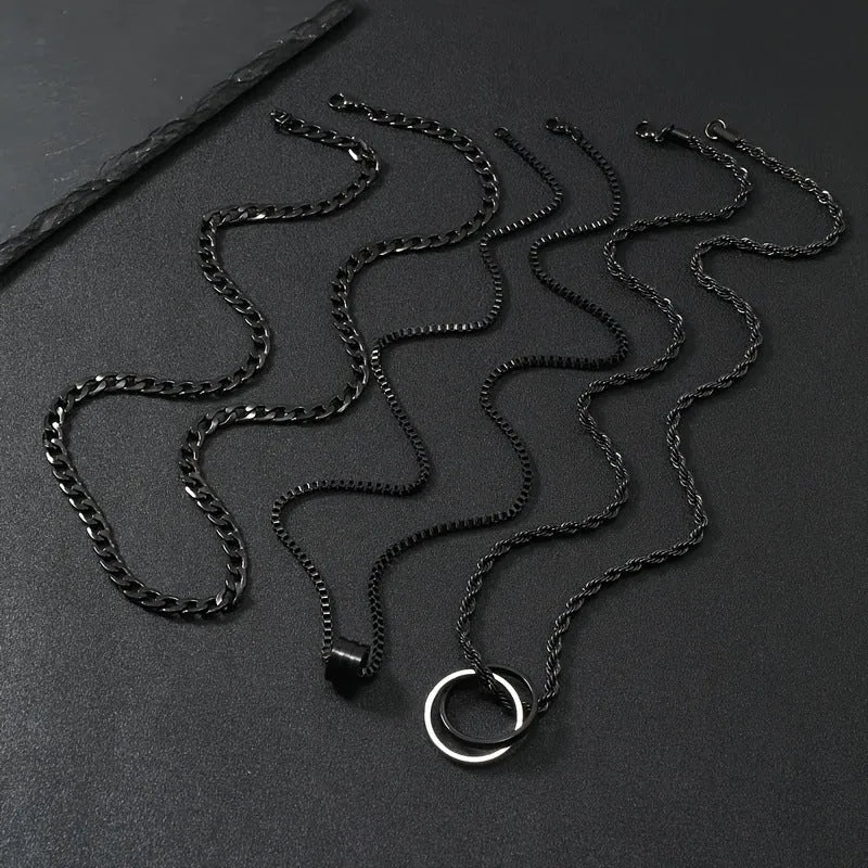 Black titanium steel necklace with cylindrical ring buckle pendant and regular chain