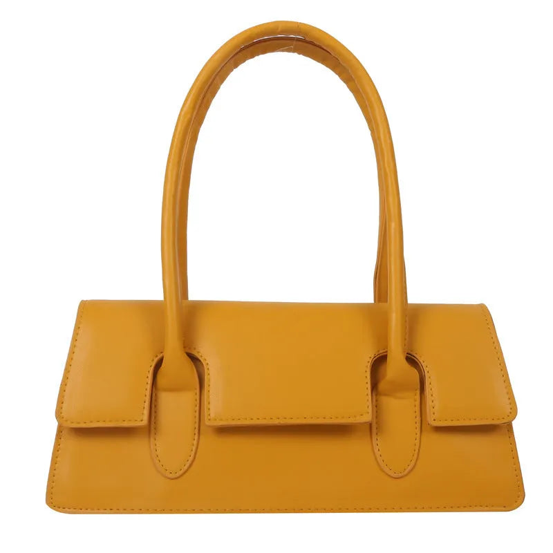 Women's small horizontal square shoulder bag in PU leather with single strap and stitching detail.