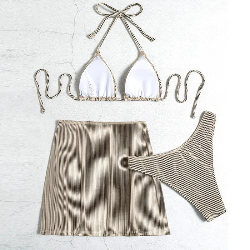 Three-piece rib fabric bikini swimsuit in sleeveless briefs style with Asian sizing options