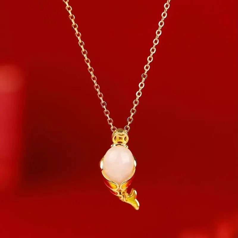 Copper carp literary necklace and red rope hand strap set with electroplated finish