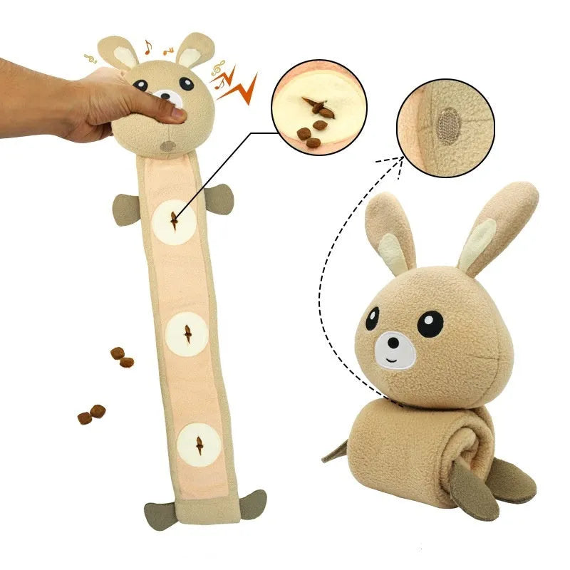 Poached bunny rabbit plush dog training toy with treat dispensing and sound features