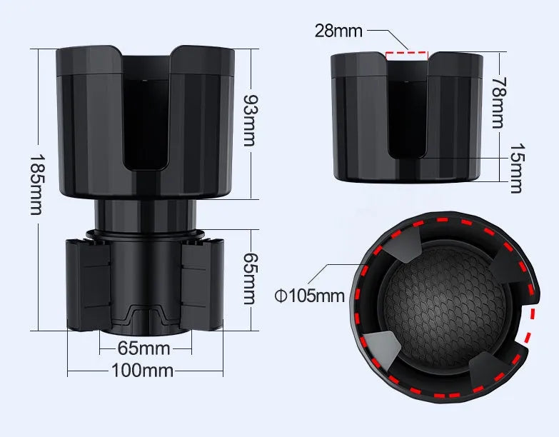 Matte black adjustable car cup holder expander for oversized bottles and cups