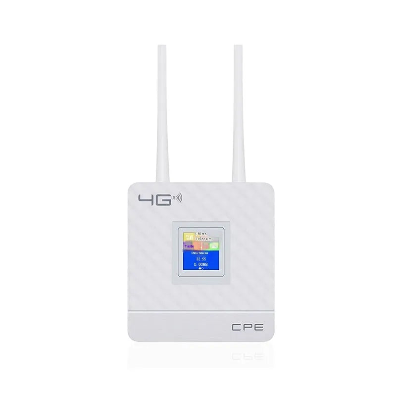 LTE router with two antennas, USB cable, and power adapter for home office wireless connectivity
